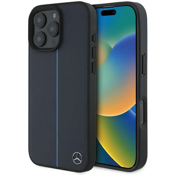 Etui Mercedes-Benz MB Blue Line Leather MagSafe do iPhone 16 Pro Max Granatowy