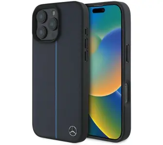 Etui Mercedes-Benz MB Blue Line Leather MagSafe do iPhone 16 Pro Max Granatowy