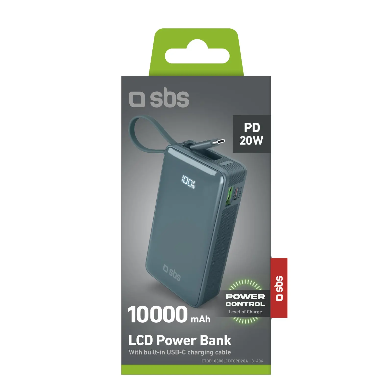 Powerbank SBS TTBB10000LCDTCPD20A 10000mAh PD 20W Wbudowany kabel USB-C Cyjan