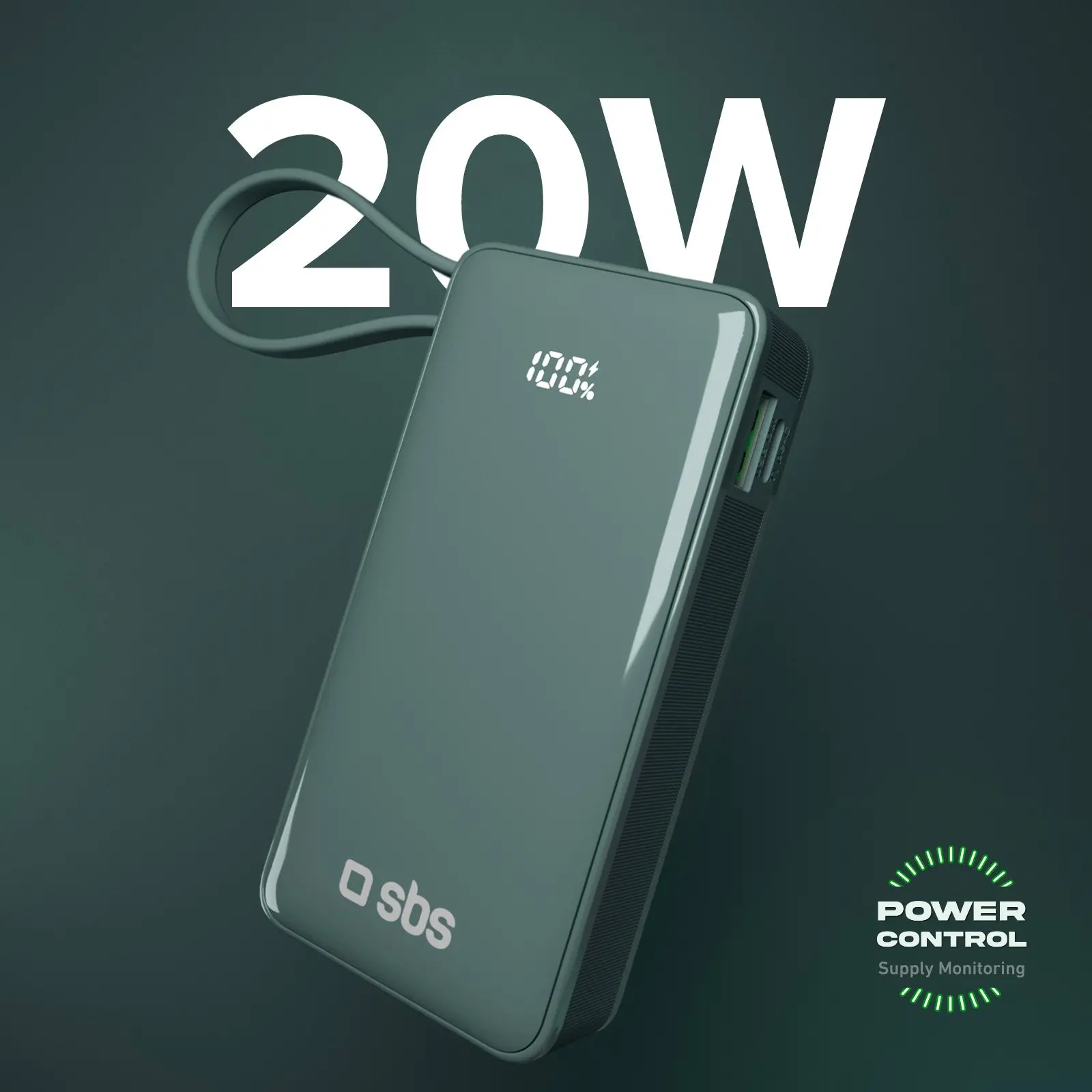 Powerbank SBS TTBB10000LCDTCPD20A 10000mAh PD 20W Wbudowany kabel USB-C Cyjan