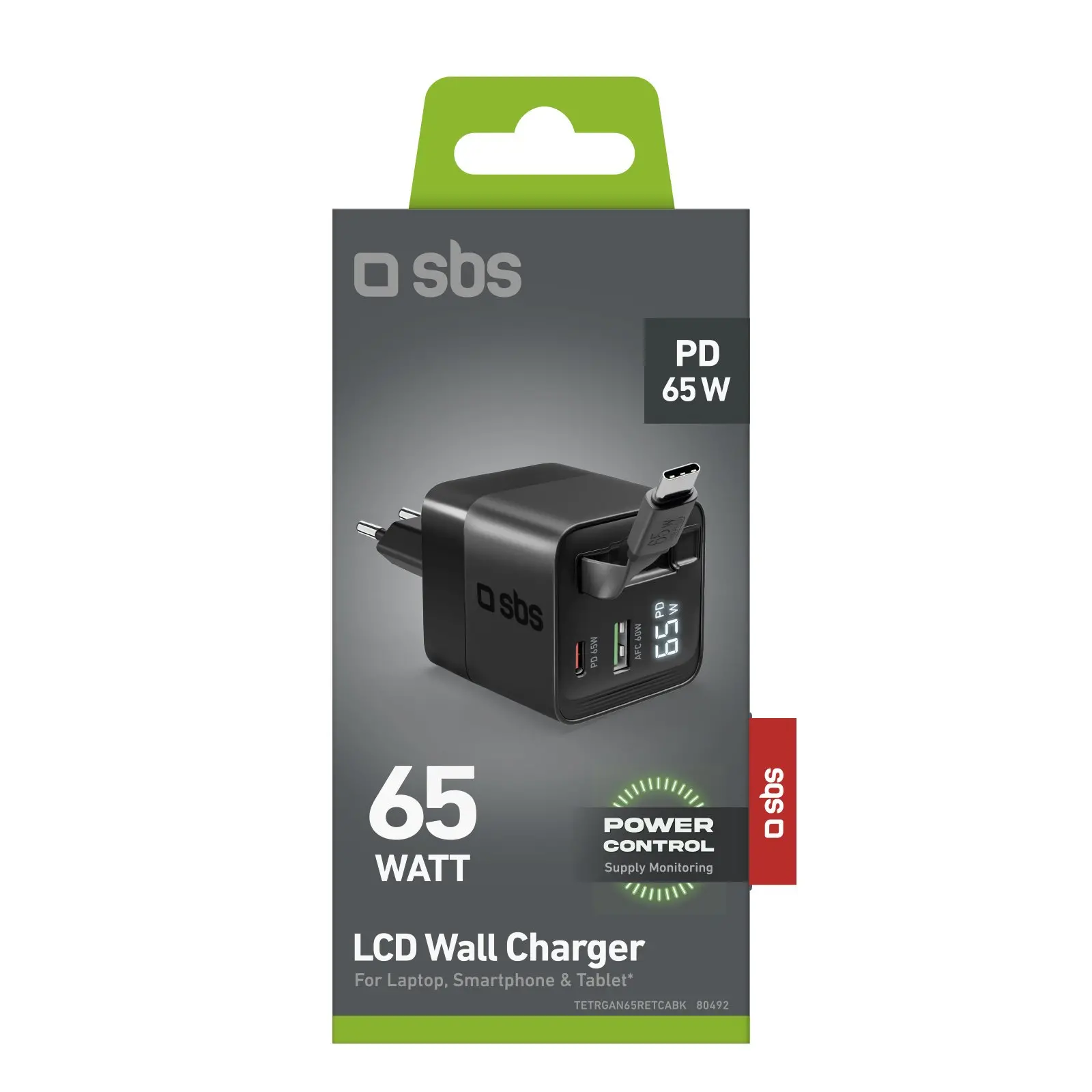 Ładowarka sieciowa SBS LCD GaN PD65W USB-C USB-A z kablem