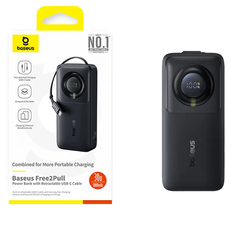 Powerbank Baseus Free2Pull 10000mAh 30W Wbudowany kabel Czarny