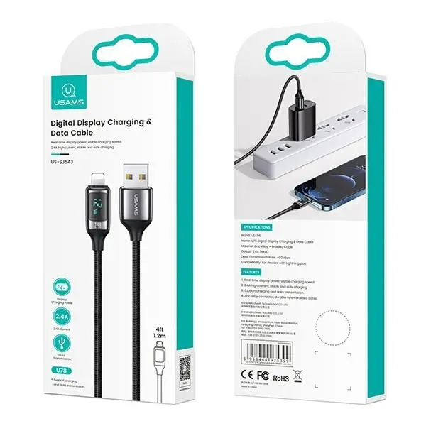 Kabel USAMS USB do Lightning LED 2.4A Fast Charging 1,2m Czarny
