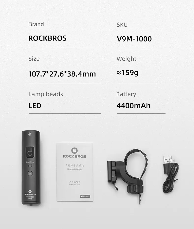 Lampka rowerowa przednia RockBros V9M-1000 Czarny