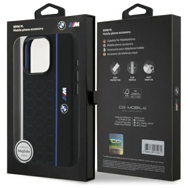 Etui BMW Silicone Hexagon Blue Line MagSafe do iPhone 16 Pro Max Czarny