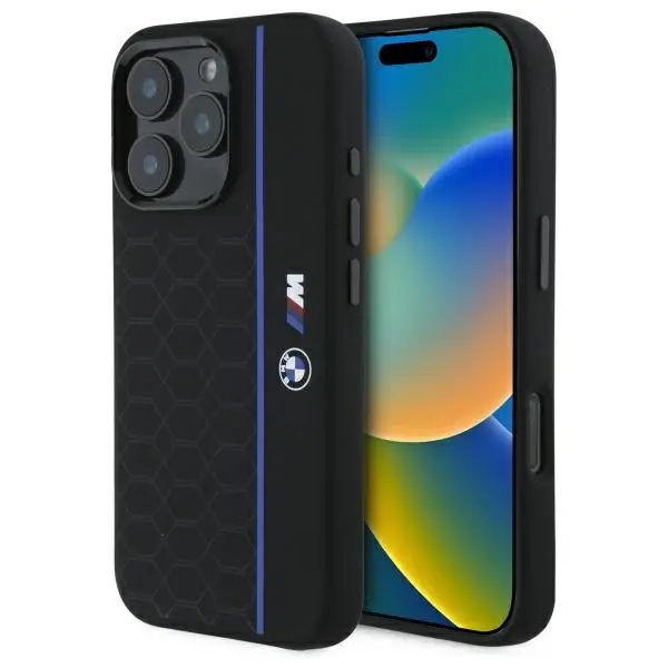 Etui BMW Silicone Hexagon Blue Line MagSafe do iPhone 16 Pro Max Czarny
