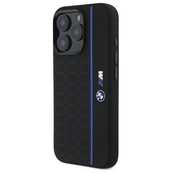 Etui BMW Silicone Hexagon Blue Line MagSafe do iPhone 16 Pro Max Czarny
