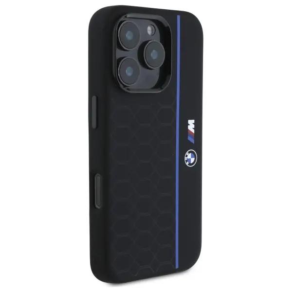 Etui BMW Silicone Hexagon Blue Line MagSafe do iPhone 16 Pro Max Czarny