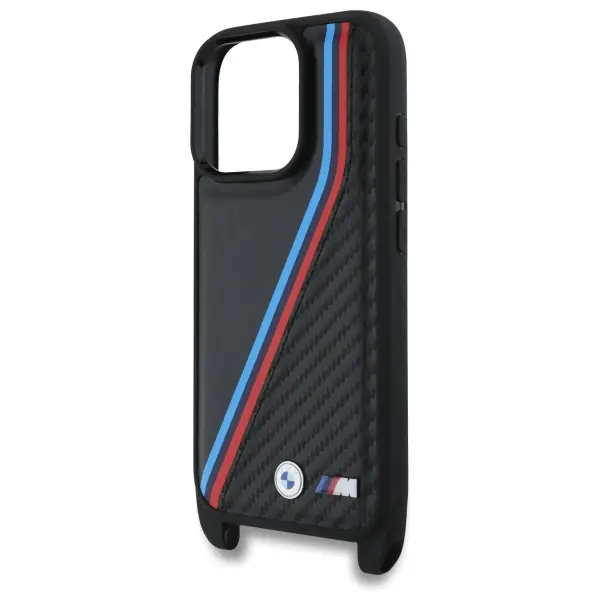 Etui BMW M Edition Carbon Tricolor Lines & Strap do iPhone 16 Pro Czarny