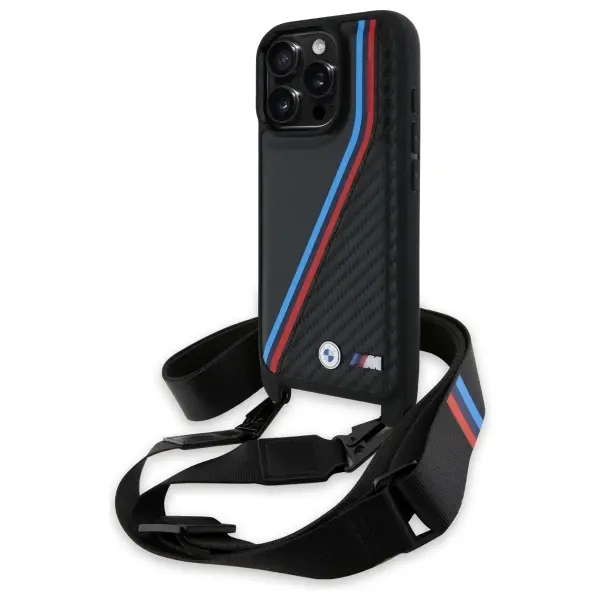 Etui BMW M Edition Carbon Tricolor Lines & Strap do iPhone 16 Pro Czarny