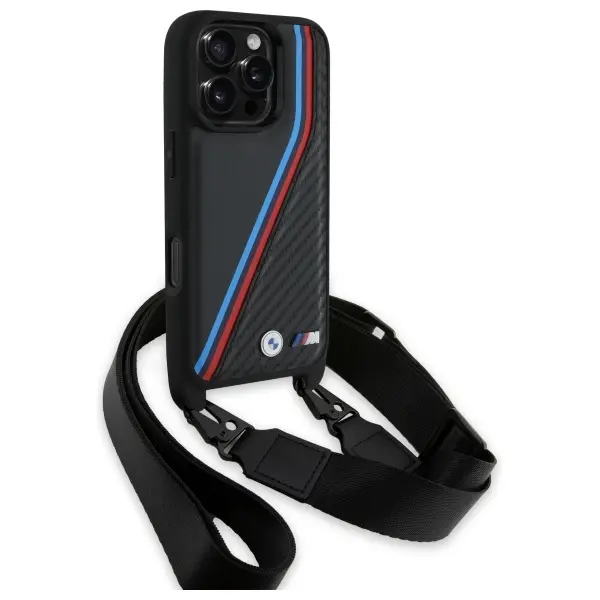 Etui BMW M Edition Carbon Tricolor Lines & Strap do iPhone 16 Pro Czarny