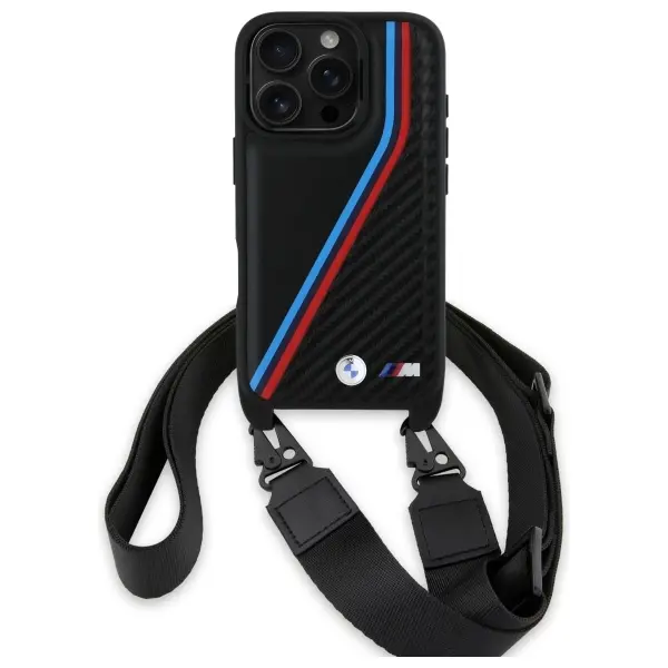 Etui BMW M Edition Carbon Tricolor Lines & Strap do iPhone 16 Pro Czarny