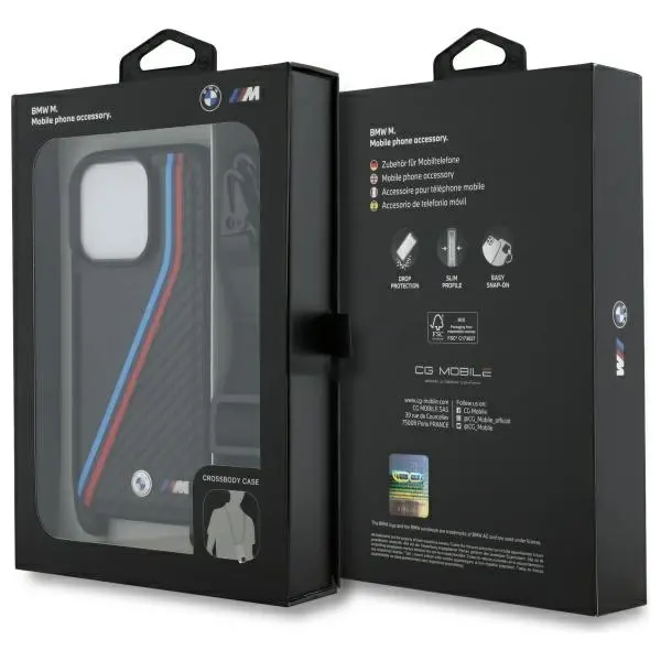 Etui BMW M Edition Carbon Tricolor Lines & Strap do iPhone 16 Pro Czarny