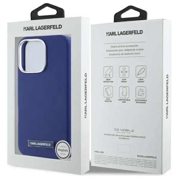 Etui Karl Lagerfeld FW Metal Plate MagSafe iPhone 16 Pro Max Niebieski
