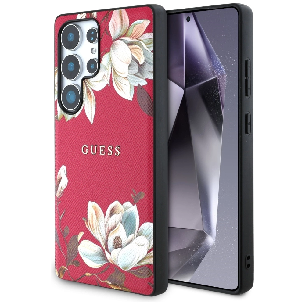 Etui Guess Grained Printed Flower Pattern MagSafe do Galaxy S25 Ultra Fuksja