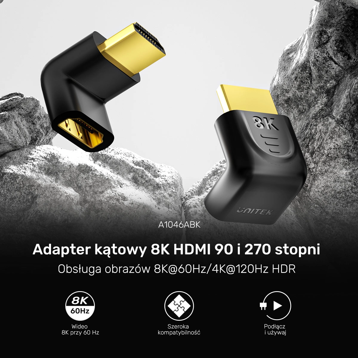 Adapter kątowy Unitek A1046ABK03 Kątowy 8K HDMI 90 i 270 stopni