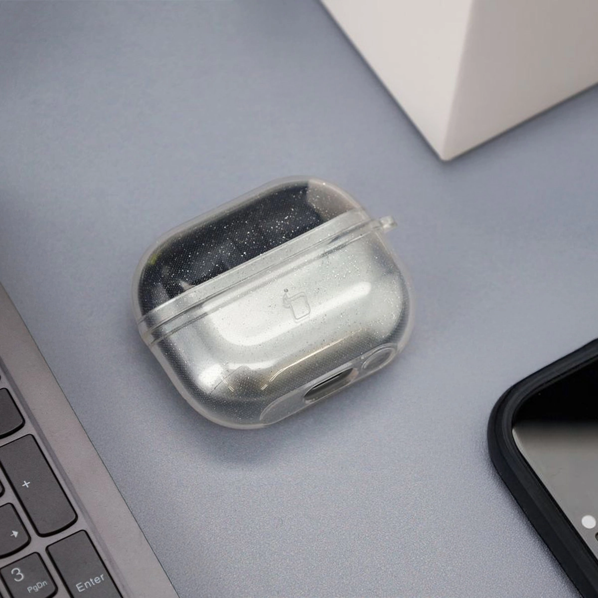 Etui na słuchawki Bizon Elastyczne z karabińczykiem do Samsung Galaxy Buds 3/3 Pro Przezroczysto-brokatowy