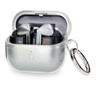 Etui na słuchawki Bizon Elastyczne z karabińczykiem do Samsung Galaxy Buds 3/3 Pro Przezroczysto-brokatowy