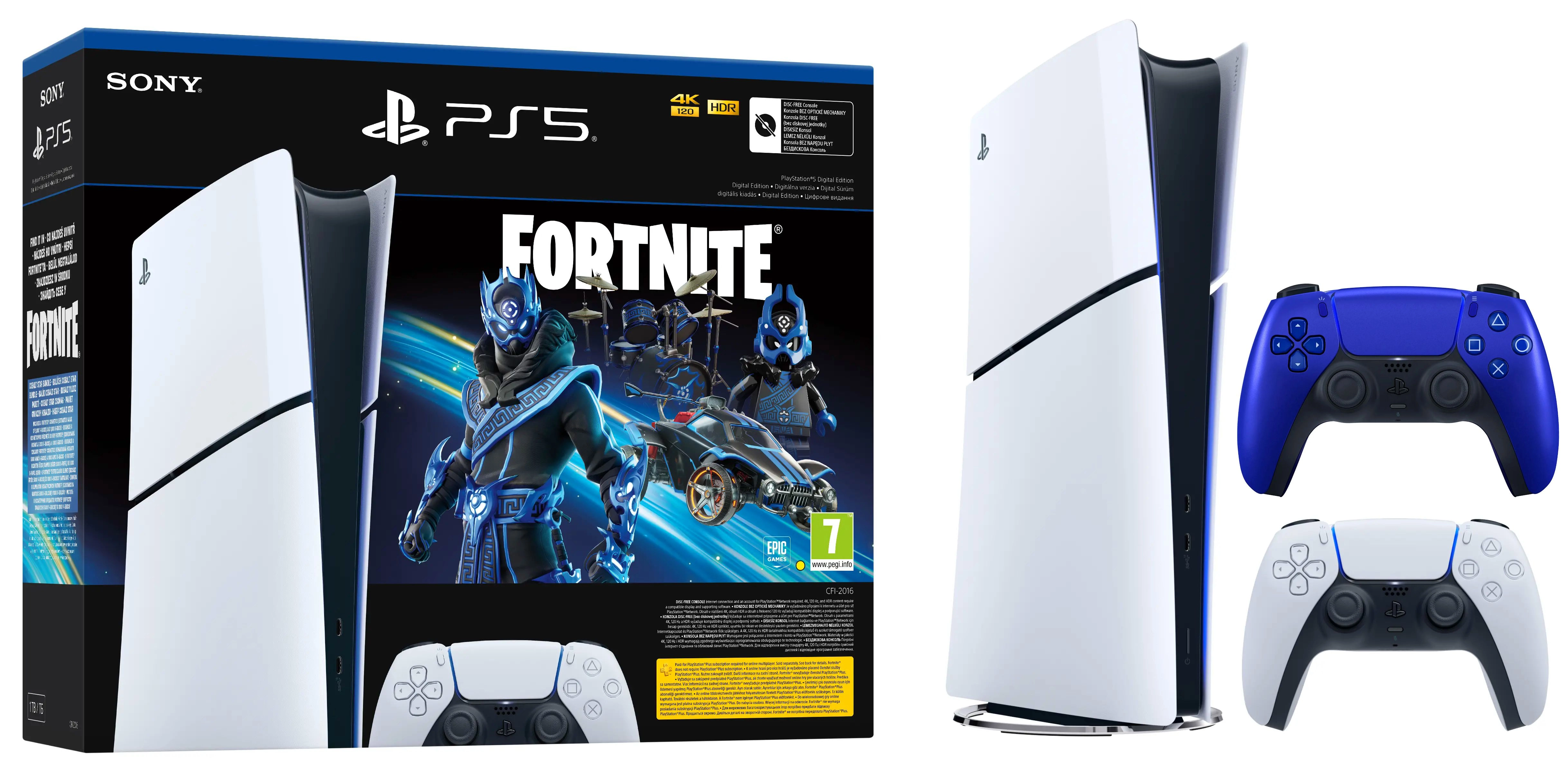 Konsola Sony PlayStation 5 Digital Slim D Chassis (PS5) 1TB Zestaw startowy Fortnite Cobalt + Dodatkowy Pad Wieczorny kobalt