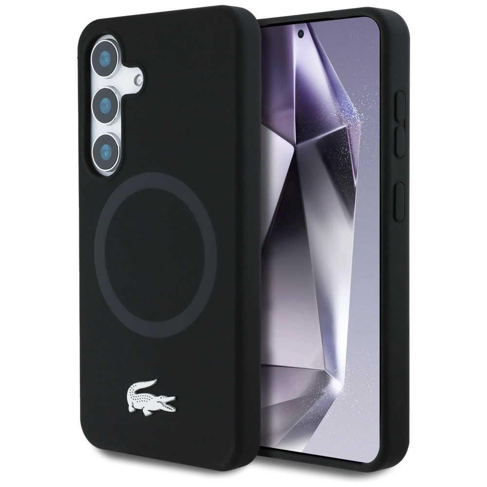 Etui Lacoste Silicone Microfiber W/ Silver Croc Logo MagSafe do Galaxy S25 Czarny