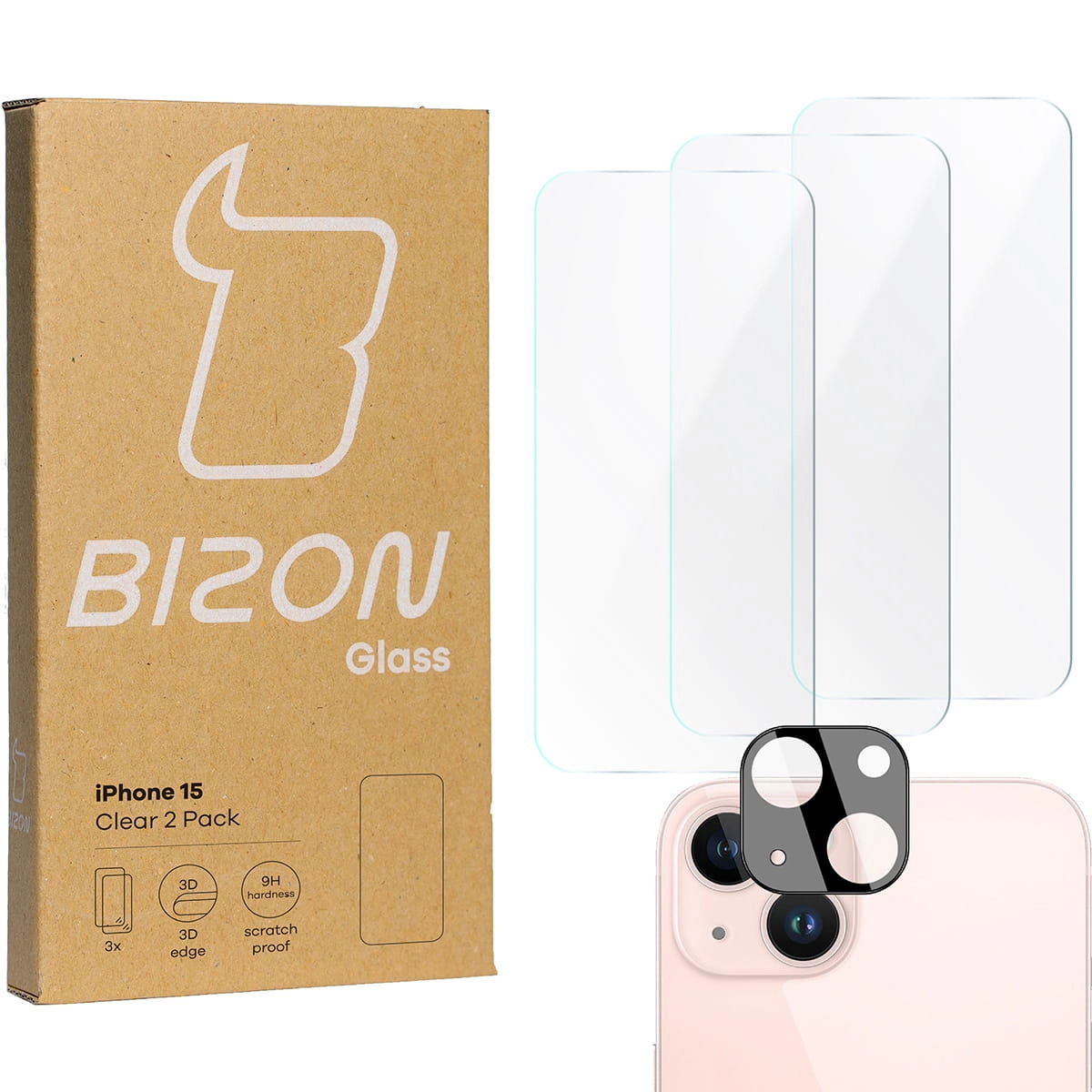 Zestaw ochronny Bizon 3x szkło + szybka na aparat Clear 2 Pack do iPhone 15