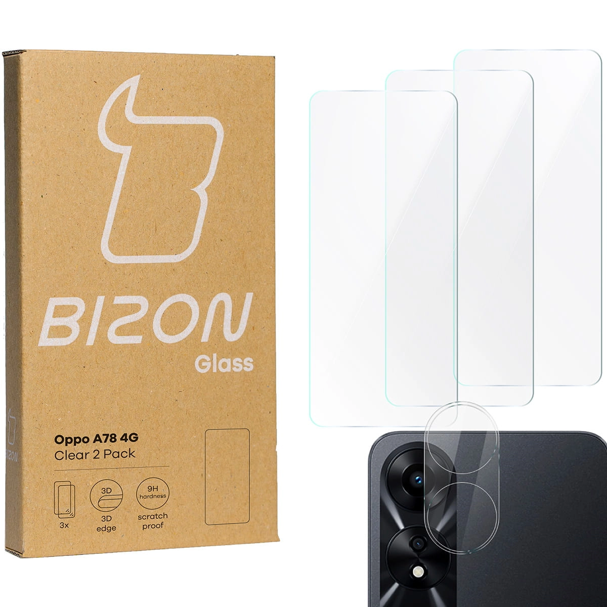 Zestaw ochronny Bizon 3x szkło + szybka na aparat Clear 2 Pack do Oppo A78 4G