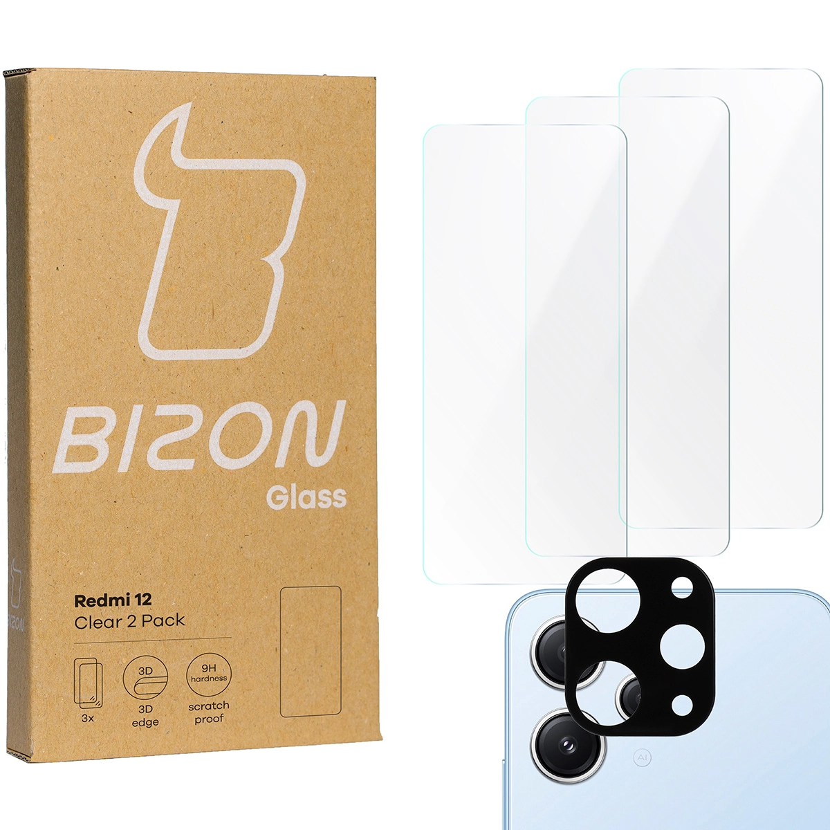 Zestaw ochronny Bizon 3x szkło + szybka na aparat Clear 2 Pack do Xiaomi Redmi 12