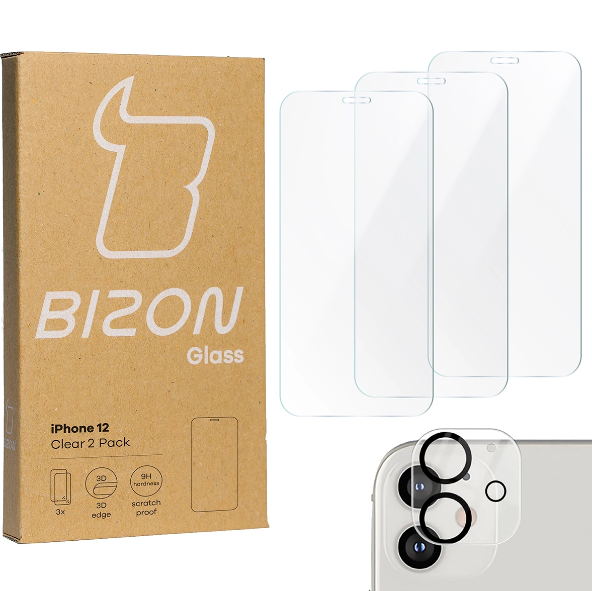 Zestaw ochronny Bizon 3x szkło + szybka na aparat Clear 2 Pack do iPhone 12