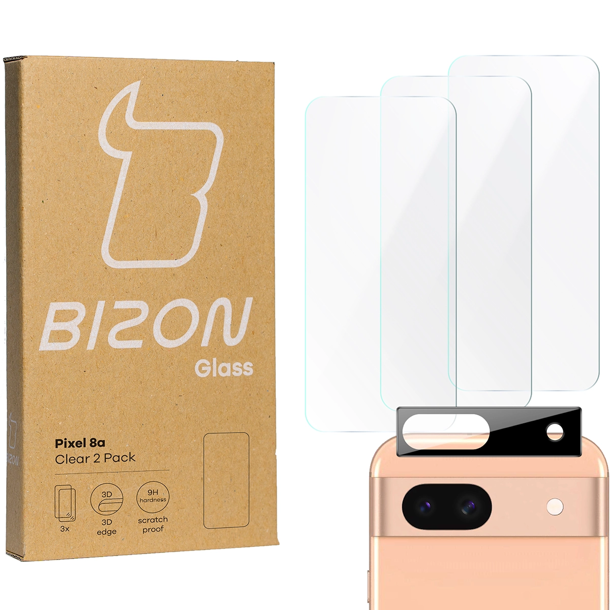 Zestaw ochronny Bizon 3x szkło + szybka na aparat Clear 2 Pack do Google Pixel 8a