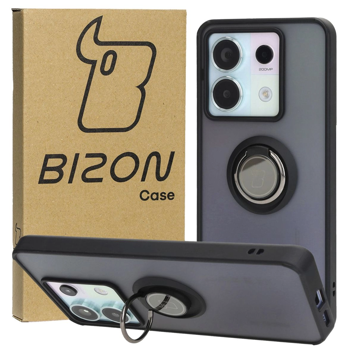 Etui Bizon z uchwytem na palec Hybrid Ring do Xiaomi Poco X6 / Xiaomi Redmi Note 13 Pro 5G Przydymione z czarną ramką
