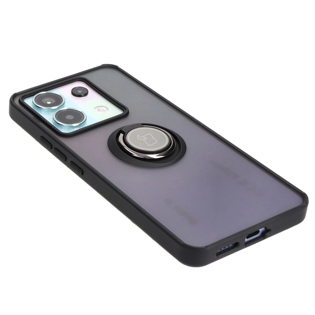 Etui Bizon z uchwytem na palec Hybrid Ring do Xiaomi Poco X6 / Xiaomi Redmi Note 13 Pro 5G Przydymione z czarną ramką