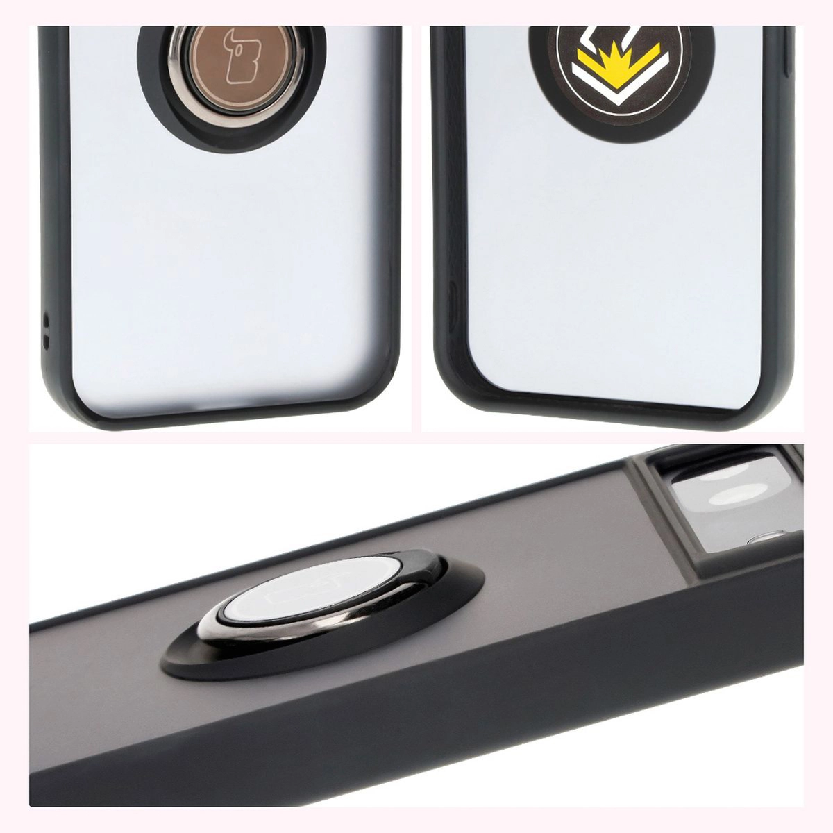 Etui Bizon z uchwytem na palec Hybrid Ring do Google Pixel 8a Przydymione z czarną ramką