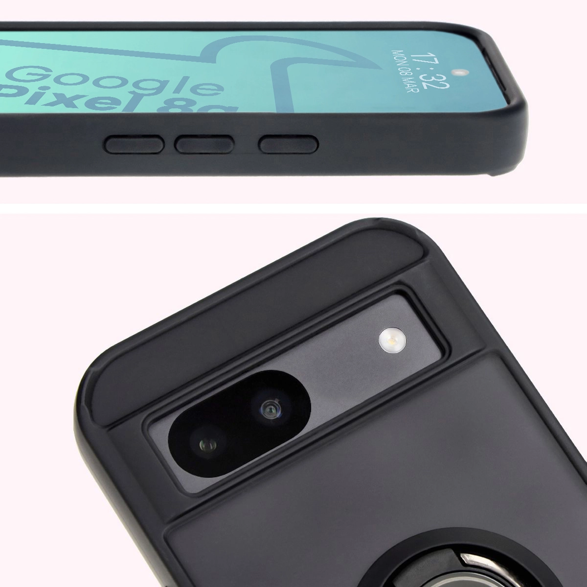 Etui Bizon z uchwytem na palec Hybrid Ring do Google Pixel 8a Przydymione z czarną ramką