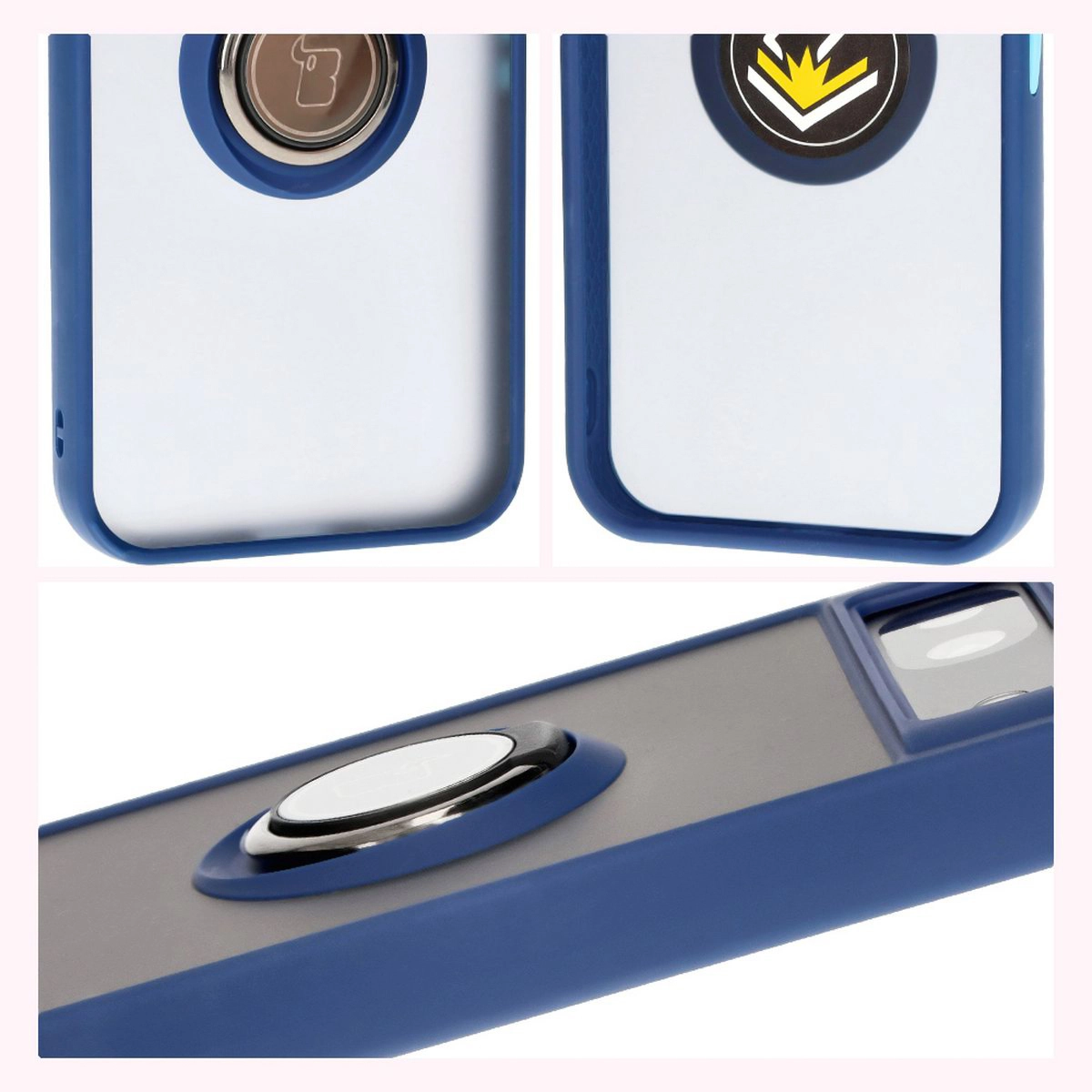 Etui Bizon z uchwytem na palec Hybrid Ring do Google Pixel 8a Przydymione z granatową ramką