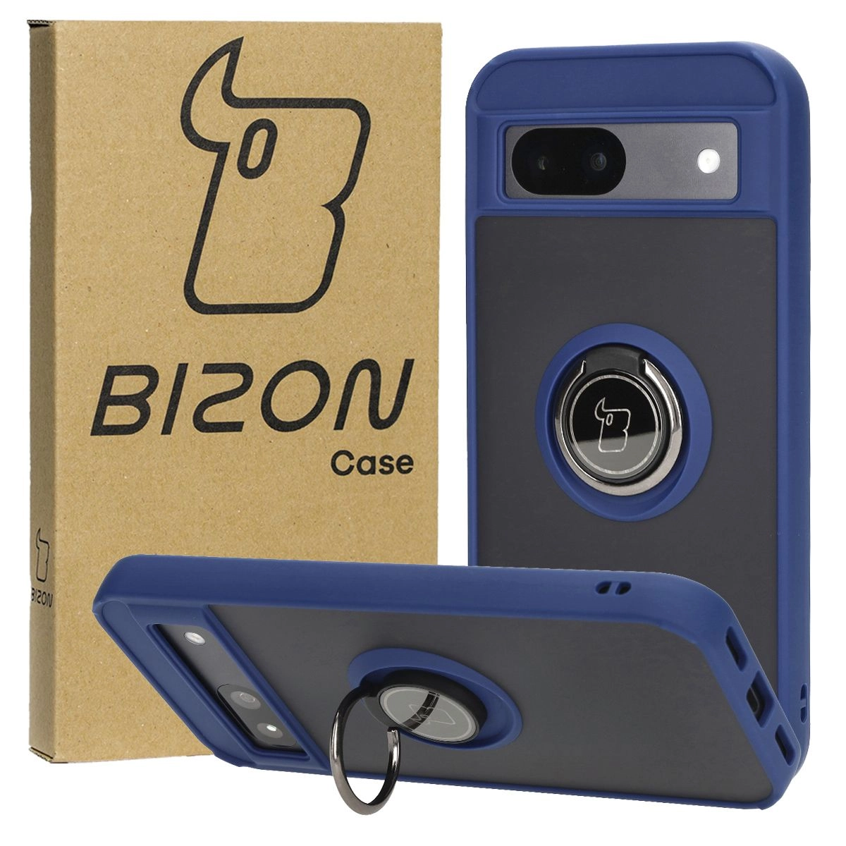Etui Bizon z uchwytem na palec Hybrid Ring do Google Pixel 8a Przydymione z granatową ramką