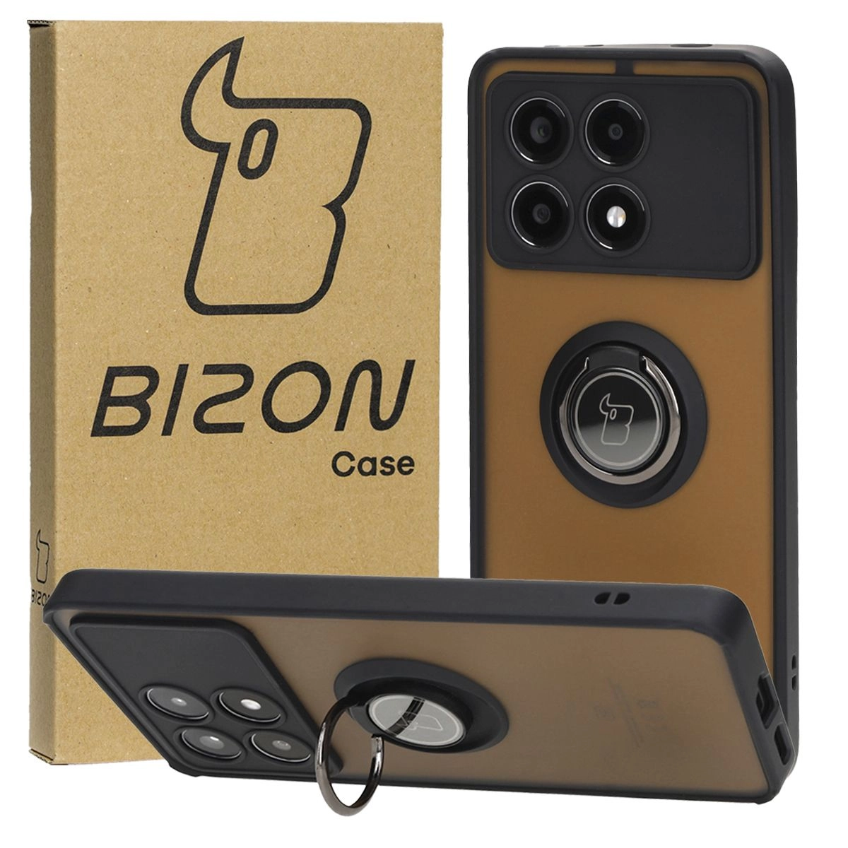 Etui Bizon z uchwytem na palec Hybrid Ring do Xiaomi Poco X6 Pro Przydymione z czarną ramką