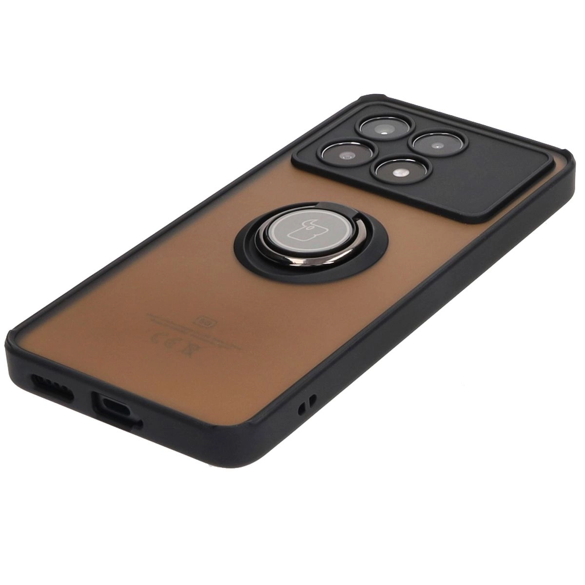 Etui Bizon z uchwytem na palec Hybrid Ring do Xiaomi Poco X6 Pro Przydymione z czarną ramką