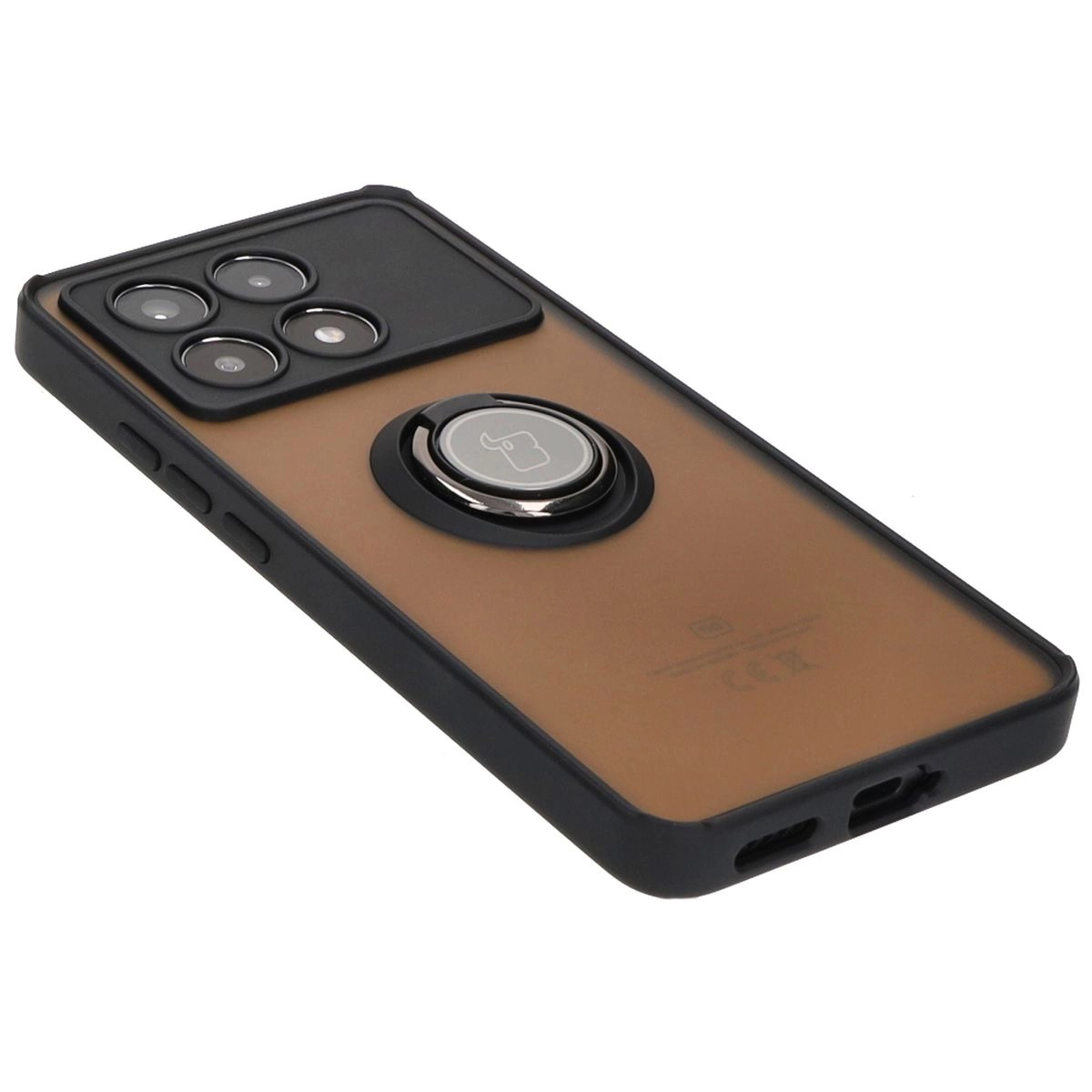 Etui Bizon z uchwytem na palec Hybrid Ring do Xiaomi Poco X6 Pro Przydymione z czarną ramką