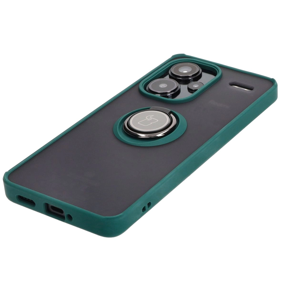 Etui Bizon z uchwytem na palec Hybrid Ring do Xiaomi Redmi Note 13 Pro+ 5G Przydymione z ciemnozieloną ramką