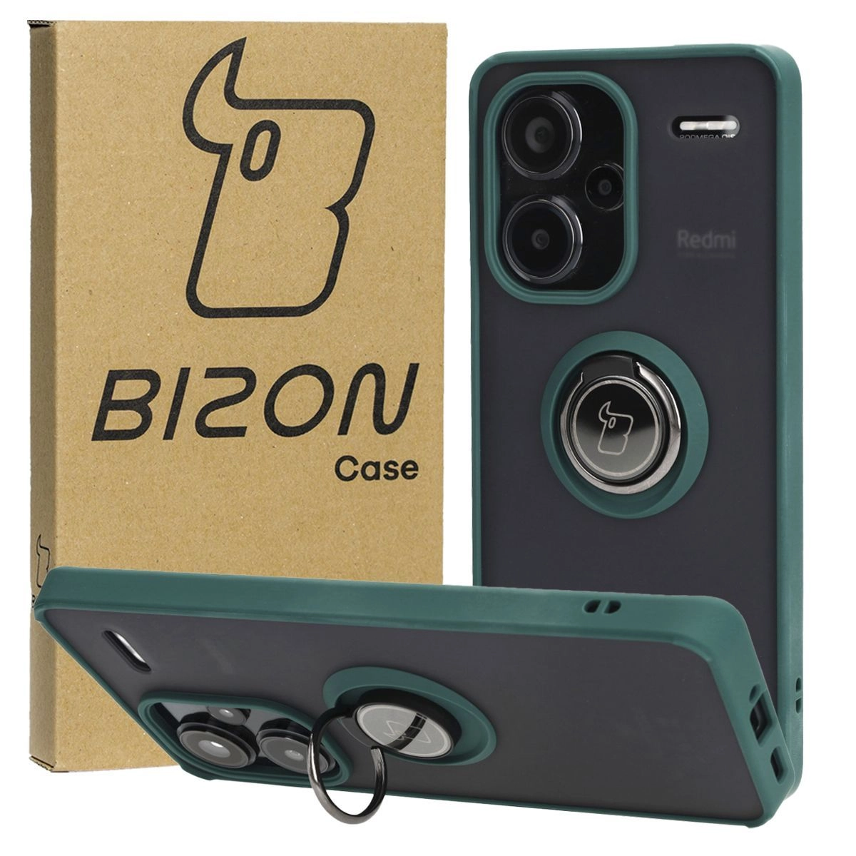 Etui Bizon z uchwytem na palec Hybrid Ring do Xiaomi Redmi Note 13 Pro+ 5G Przydymione z ciemnozieloną ramką