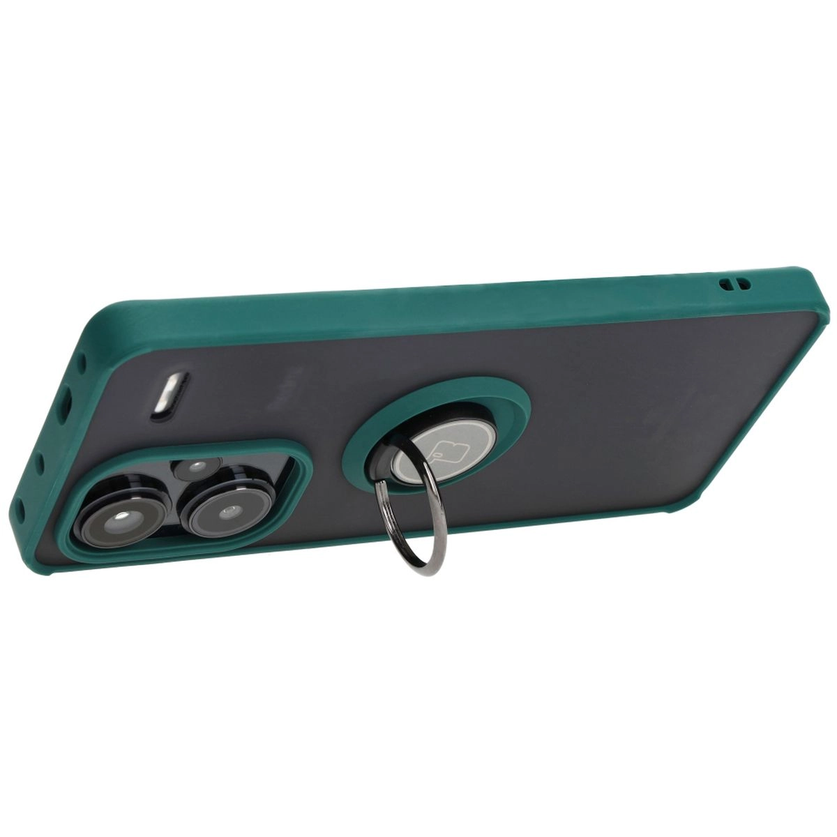 Etui Bizon z uchwytem na palec Hybrid Ring do Xiaomi Redmi Note 13 Pro+ 5G Przydymione z ciemnozieloną ramką