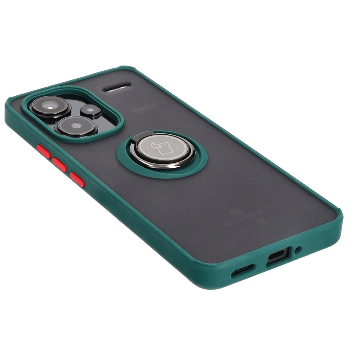 Etui Bizon z uchwytem na palec Hybrid Ring do Xiaomi Redmi Note 13 Pro+ 5G Przydymione z ciemnozieloną ramką
