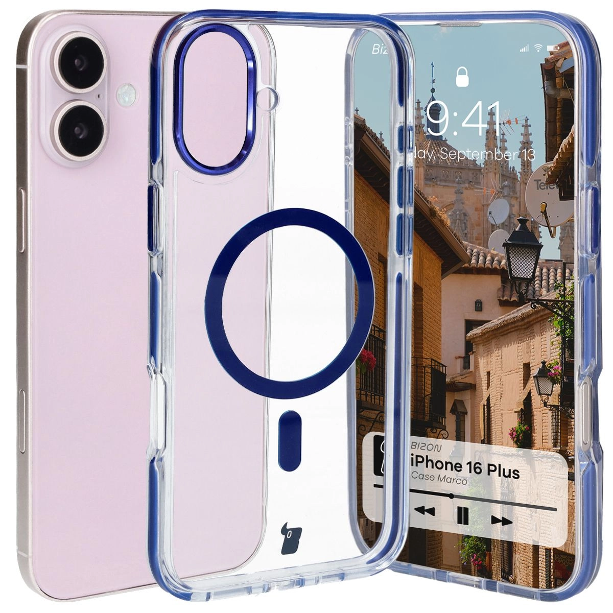 Etui Bizon Marco z MagSafe do iPhone 16 Plus Przezroczyste z niebieską ramką
