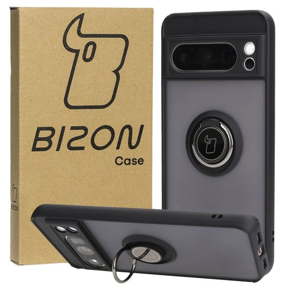 Etui Bizon z uchwytem na palec Hybrid Ring do Google Pixel 8 Pro Przydymione z czarną ramką