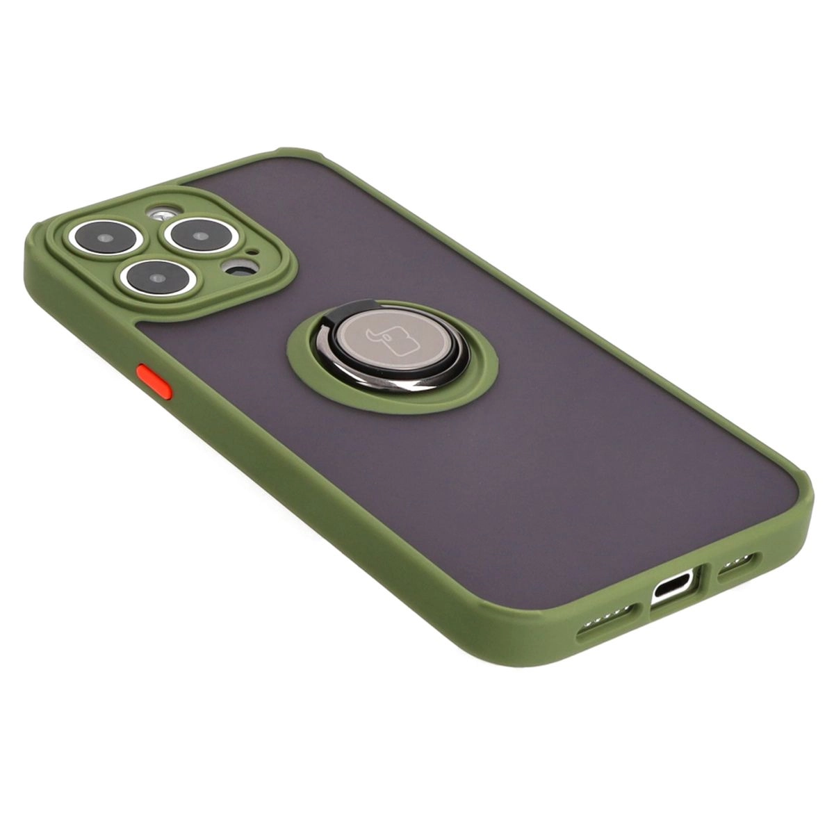 Etui Bizon z uchwytem na palec Hybrid Ring do iPhone 15 Pro Max Przydymione z zieloną ramką