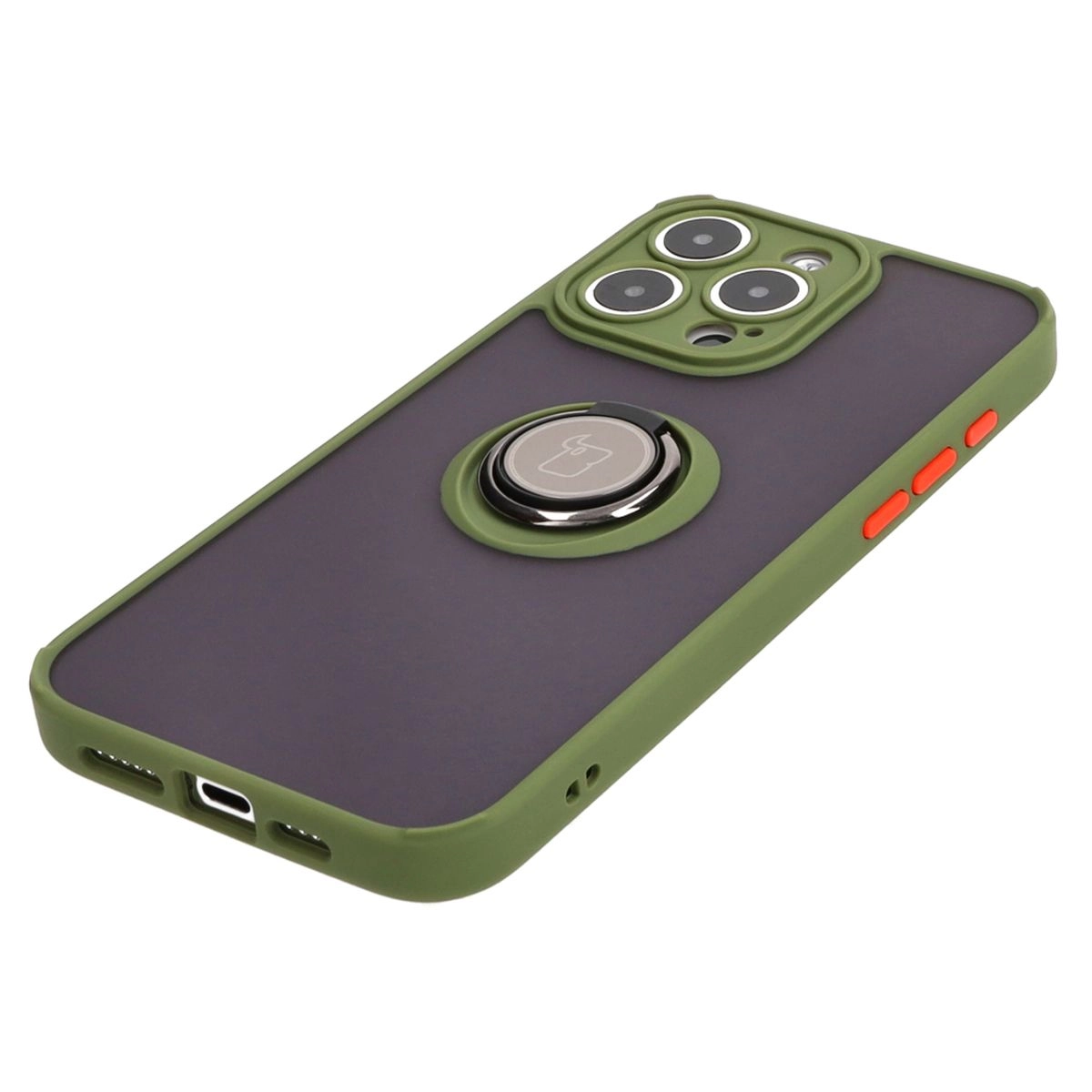 Etui Bizon z uchwytem na palec Hybrid Ring do iPhone 15 Pro Max Przydymione z zieloną ramką