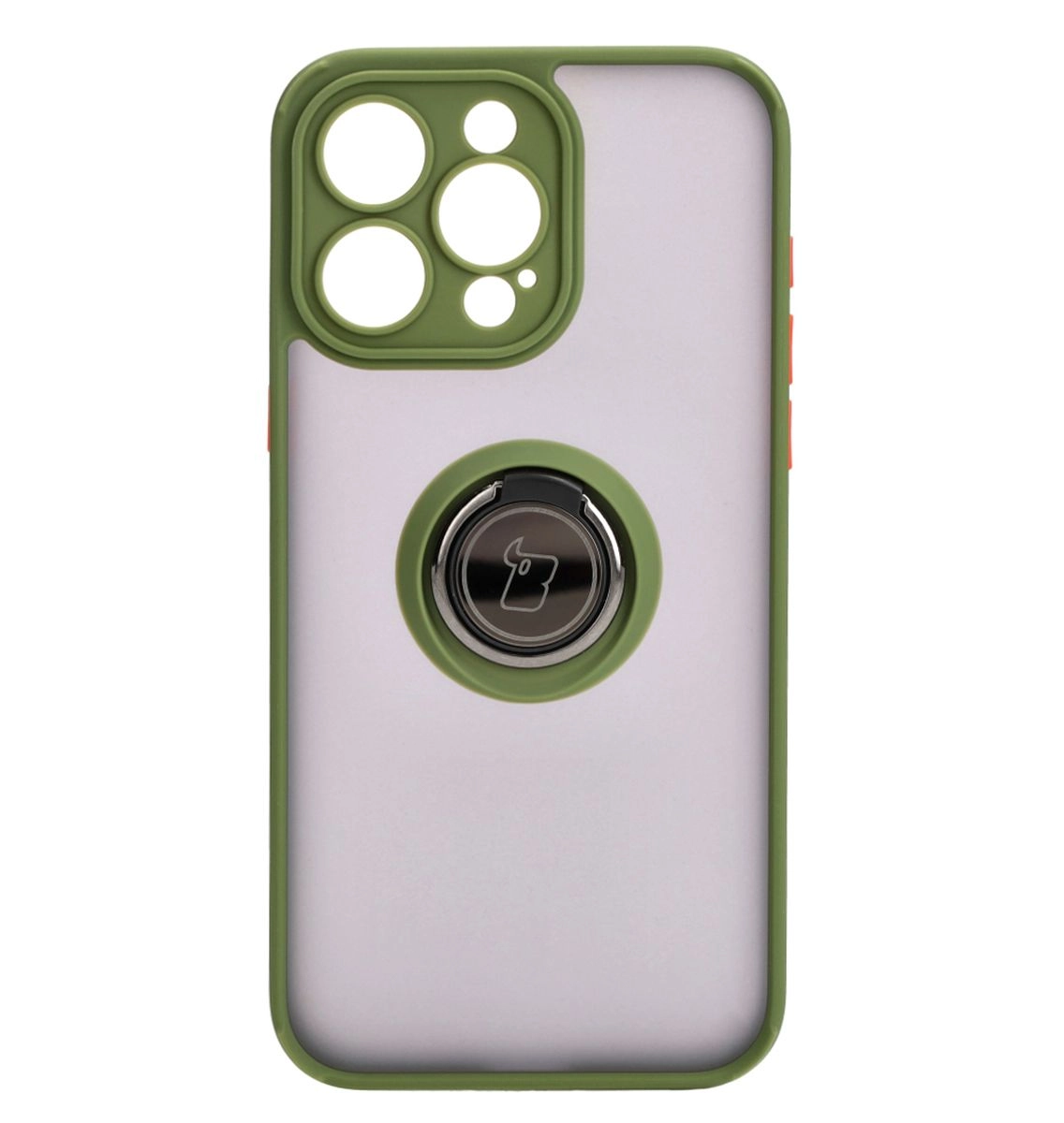 Etui Bizon z uchwytem na palec Hybrid Ring do iPhone 15 Pro Max Przydymione z zieloną ramką