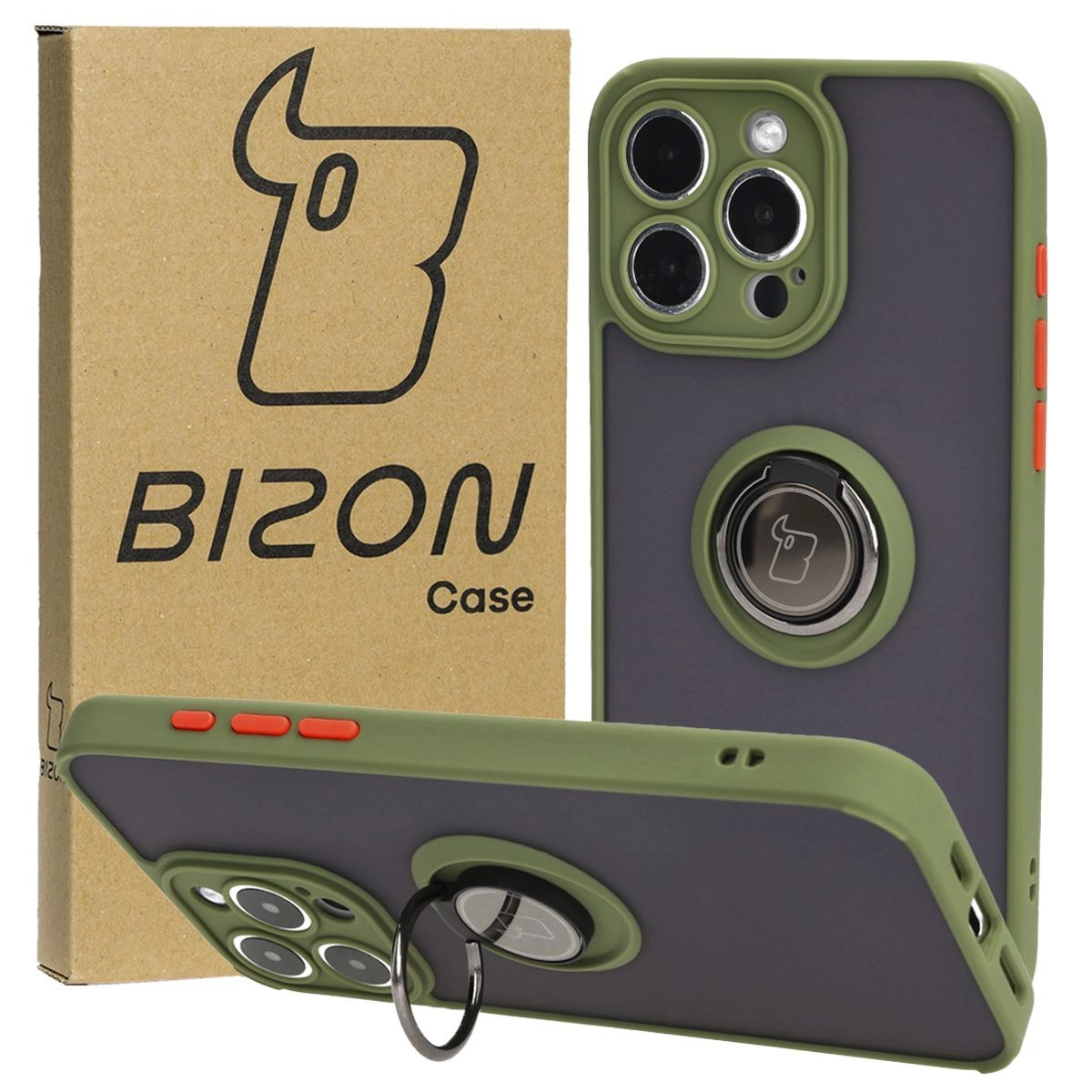 Etui Bizon z uchwytem na palec Hybrid Ring do iPhone 15 Pro Max Przydymione z zieloną ramką