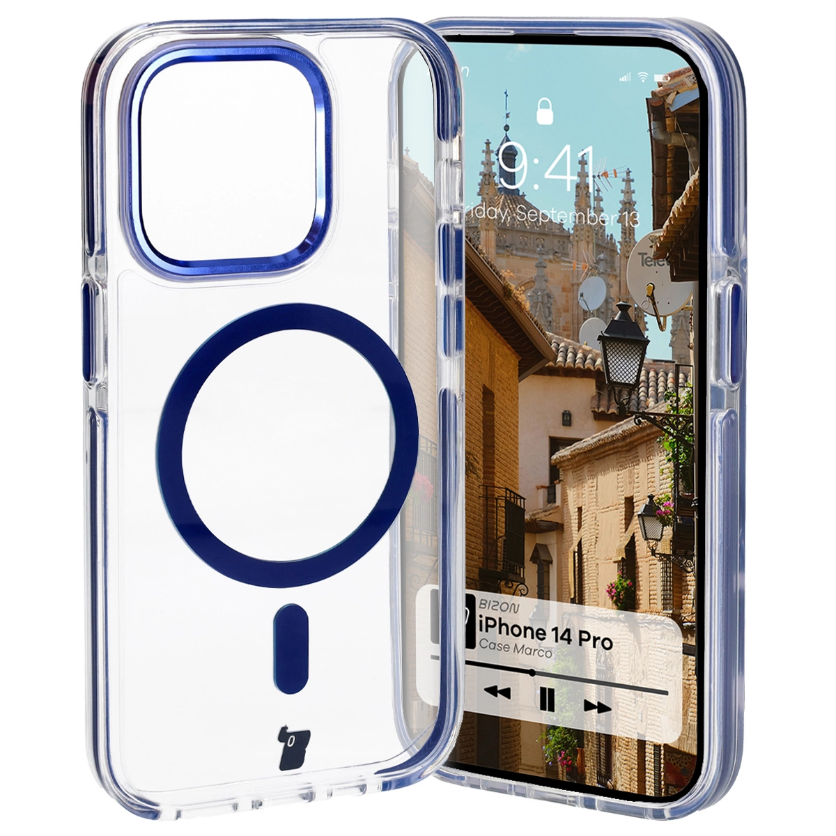 Etui Bizon Marco z MagSafe do iPhone 14 Pro Przezroczyste z niebieską ramką