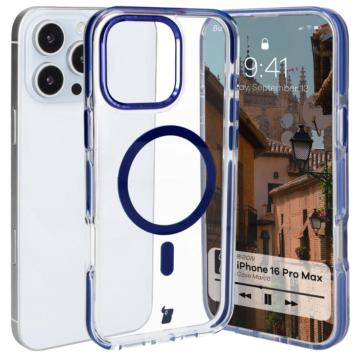 Etui Bizon Marco z MagSafe do iPhone 16 Pro Max Przezroczyste z niebieską ramką